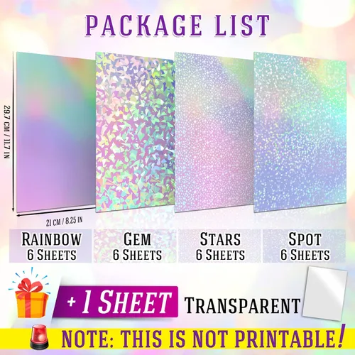 Vista 2 de Hojas laminadas holográficas Koala A4 - Papel adhesivo transparente, 25 hojas superpuestas impermeables para pegatinas - Patrones de gemas, puntos