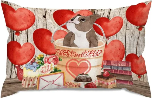 Vista 61 de Fundas de almohada lumbar con textura de madera rústica para perro en cubo, diseño de corazón rojo para el día de San Valentín, fundas de almohada