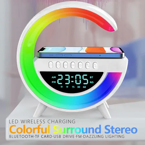 Vista 6 de Cargador de altavoz inalámbrico, luz tipo G, lámpara de ambiente de carga inalámbrica con reloj despertador, altavoz multifunción con seis modos