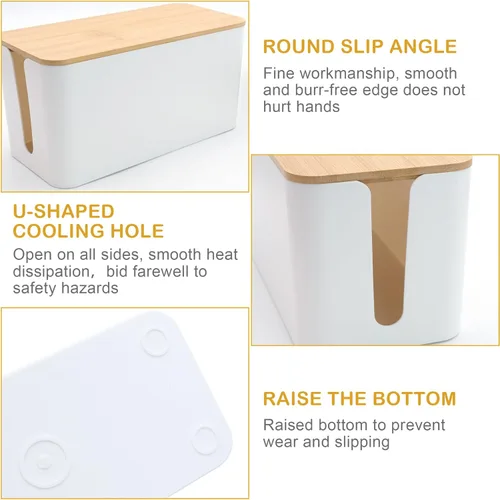 Vista 4 de Caja de ordenamiento de cables blanco con tapa de bambú, organizador de cables, caja de gestión de cables para ocultar cables y enchufes