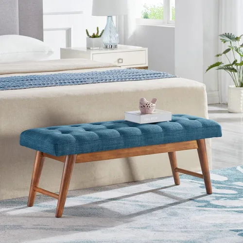 Vista 4 de Yaxa Basics - Banco moderno tapizado con botones capitoné Haraden, azul, 16 x 44 x 17 pulgadas