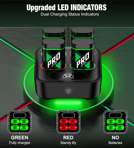 Vista 7 de Paquetes de Baterías Recargables de Carga Rápida Mejorados con Control de Luz, Baterías de Controlador Xbox de 4x4080mWh con Base de Carga