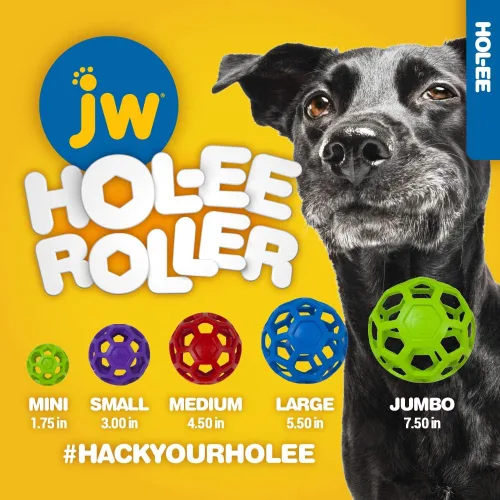 Vista 4 de JW Pet Hol-ee Roller - Bola de rompecabezas de juguete para perros, goma natural, extra grande (7.5 pulgadas de diámetro), los colores pueden variar