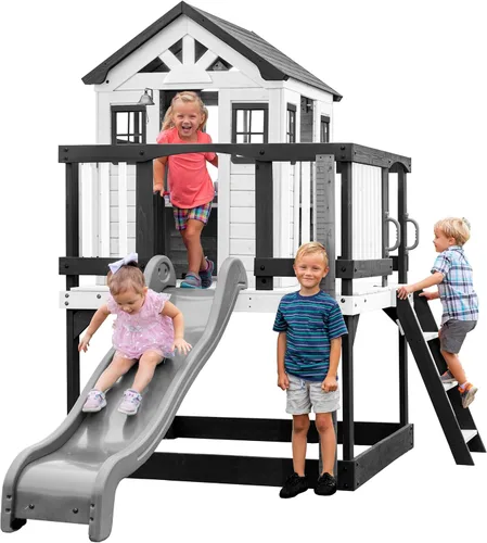 Vista 10 de Backyard Discovery Echo Heights - Casa de juegos elevada de madera de cedro para niños con tobogán ondulado, cocina de juegos, terraza envolvente