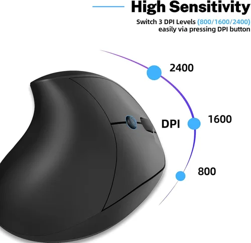Vista 5 de Ratón ergonómico, pequeño mouse vertical recargable con 6 botones ajustables 800/1200/1600 DPI mouse inalámbrico morado para laptop, escritorio, PC