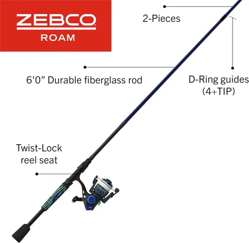 Vista 2 de Zebco Roam - Combo de carrete giratorio y caña de pescar, varilla de fibra de vidrio, mango cómodo dividido, perilla de mango suave al tacto