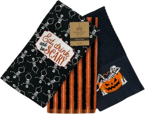 Vista 13 de Haunted - Juego de toallas de mano de cocina de Halloween: Jack O' Lantern Orange Terry Loop, lazo de rizo de punto blanco elevado, diseños