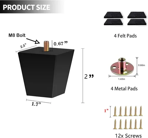 Vista 2 de Patas de sofá cuadradas para cama, patas de repuesto de madera de 2 pulgadas para muebles, juego de 4, color negro (2 pulgadas, 4 juegos)