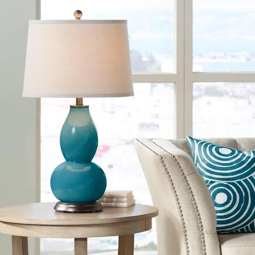 Vista 23 de Color + Plus Double Gourd 28 3/4" Tall Modern End Table Lamp Placid Blue Bronze Finish Glass Single Fabric Off-White Shade Living Room Bedroom