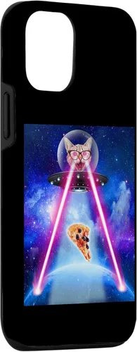 Vista 3 de iPhone 13 Pro Alien Space Cat Laser Eyes On UFO Hunt Pizza In The Galaxy Case