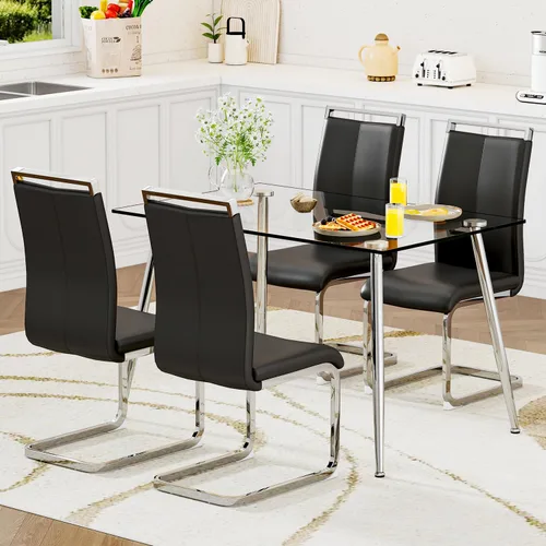 Juego de mesa de comedor de cristal de Ebullient para 4 personas, juego de 5 piezas con 4 sillas de comedor de piel sintética negras, tablero de