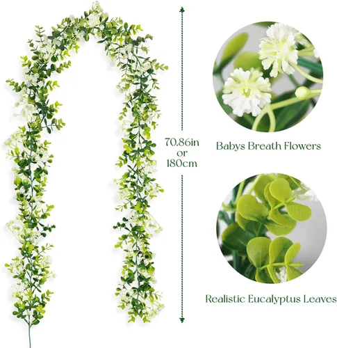 Vista 7 de Guirnalda de eucalipto con flores de 6 pies, paquete de 2 guirnaldas artificiales de eucalipto colgantes de verano adecuadas para mesa, boda, telón