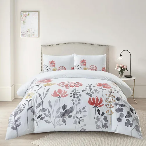Vista 14 de Style Quarters Dahlia Lane - Juego de funda de edredón de 3 piezas, tallos florales multicolor con siluetas de hojas blancas, 100% algodón, lavable