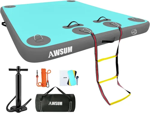 Vista 8 de AWSUM Muelle Flotante Inflable Plataforma de Aire Muelle Flotante Isla Balsa con Superficie Antideslizante para Piscina, Playa, Océano