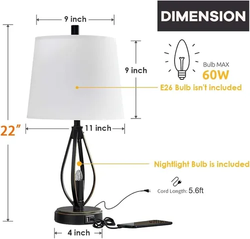 Vista 6 de Dungoo Juego de 2 lámparas de mesa modernas de granja con 2 puertos USB, lámpara industrial con 2 bombillas LED de luz nocturna, lámparas de noche