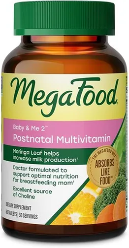 MegaFood Baby & Me 2 vitaminas posnatales para mujeres con moringa, 60