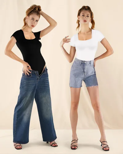 Vista 6 de MANGOPOP - Body de manga corta con cuello cuadrado para mujer