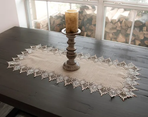 Vista 2 de Camino de Mesa de Encaje en Tonos Neutros Tierra, Bufanda para Tocador, Camino de Mesa para Mesa de Café (16"An x 36"L)