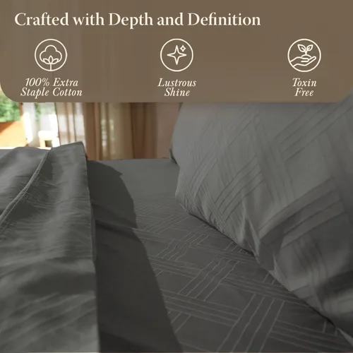 Vista 6 de Threadmill Sábanas para Cama Individual – 800 Número de Hilos Jacquard Celine Gris Oscuro, 100% Algodón Natural Juego de Cama de 3 Piezas a Rayas