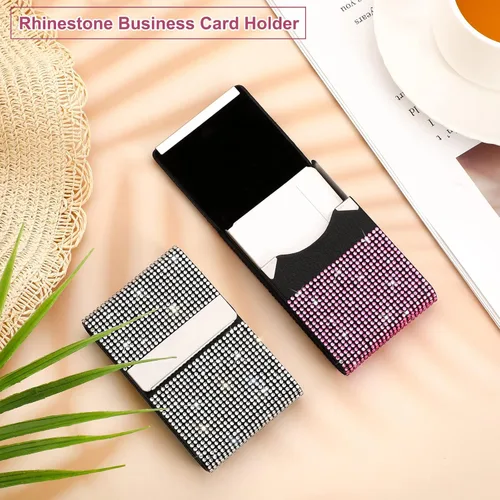 Vista 5 de Woanger Tarjetero de piel sintética con diamantes de imitación, 2 unidades, para tarjetas de crédito, tarjetero de bolsillo para mujer, tarjetero