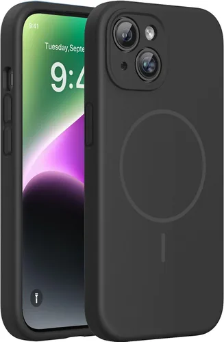 Miracase Funda diseñada para iPhone 14 Plus con protector de pantalla, protección mejorada de la cámara, funda de silicona líquida a prueba de Negro