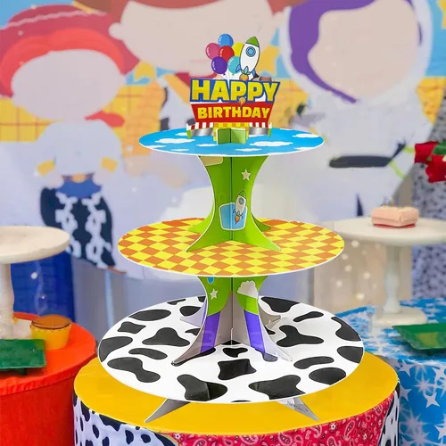 Vista 5 de Soporte para cupcakes de 3 niveles de historieta de dibujos animados, soporte de torre de postres para decoración de cumpleaños, suministros