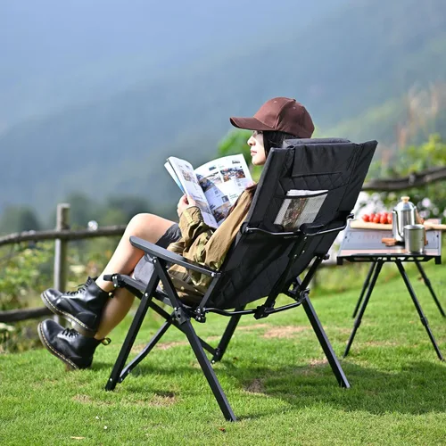 Vista 6 de Silla de campamento reclinable de aluminio, sillas de césped plegables resistentes con respaldo alto ajustable de 4 etapas para adultos, silla Negro