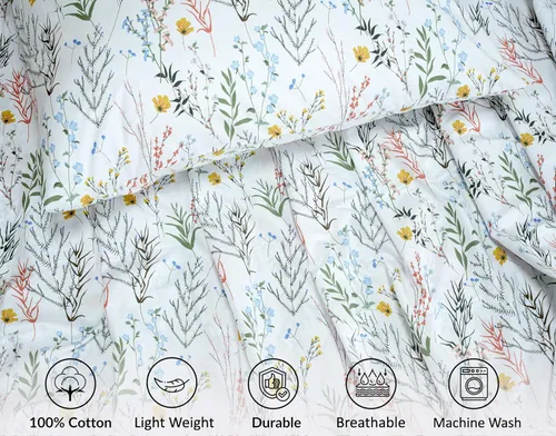 Vista 4 de RUVANTI Sábanas 100% algodón percal tamaño Queen, diseño floral refrescante y transpirable, duraderas, con una sensación nítida, suave y cómoda