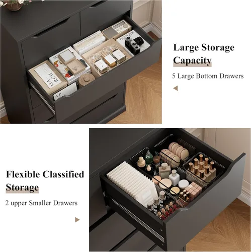 Vista 7 de HITHOS Cómoda de 7 cajones de 51" de alto, cómoda negra moderna, cómodas y cajoneras de madera con tiradores recortados, cajonera vertical, cómodas