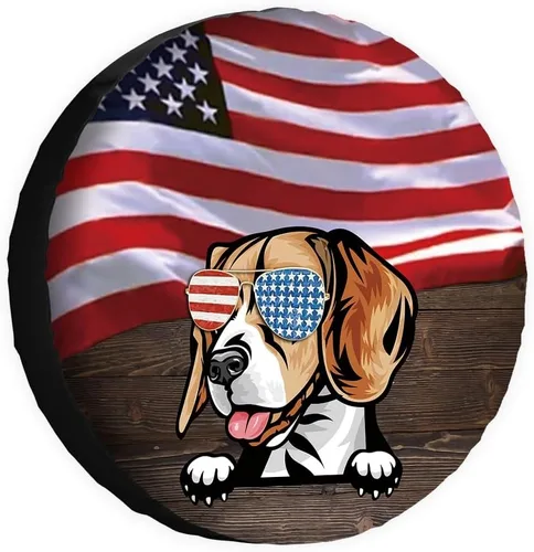 Vista 10 de Cubierta de neumático de repuesto para perro, Basset Hound con gafas de sol, con bandera de Estados Unidos, fundas protectoras de ruedas a prueba