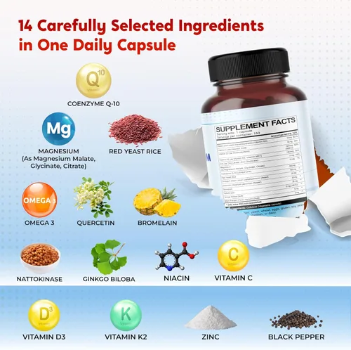 Vista 4 de Coenzima Q-10 Arroz de levadura roja Quercetina Magnesio Malato, Glicinato, Citrato