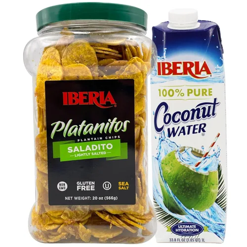 Iberia Agua de coco, 33.8 onzas líquidas + chips de plátano ligeramente salados Iberia Saladito, 20 onzas