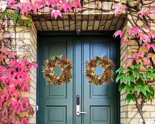 Vista 4 de Corona de otoño para puerta delantera, peonías artificiales, coronas de otoño e invierno para puerta delantera, decoración de pared exterior o Marrón