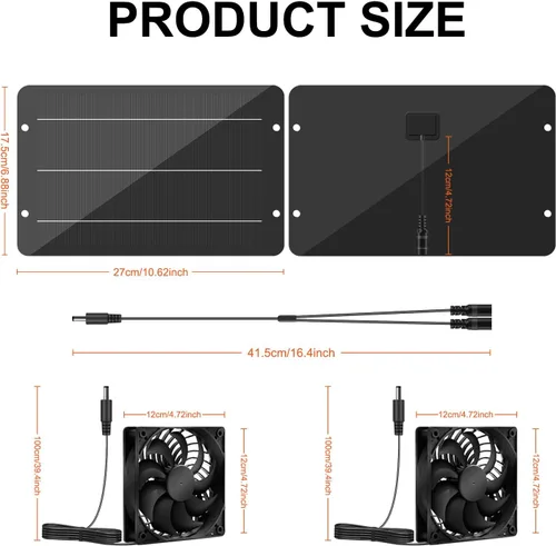Vista 3 de Kit de ventilador de energía solar de 12.6 pulgadas IPX7 resistente a la intemperie, panel solar de 15 W con 2 ventiladores impermeables, ventilador