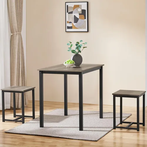 Vista 4 de Yaheetech Juego de mesa de comedor de 3 piezas - Juego de mesa y sillas para cocina para 2 - Mesa compacta con 2 taburetes y diseño que ahorra Gris