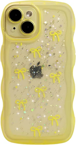 Vista 70 de Qokey para iPhone 14 Plus Funda de 6.7" con diseño de borde ondulado rizado, transparente, con purpurina, brillo, estrellas, brillante, lindo