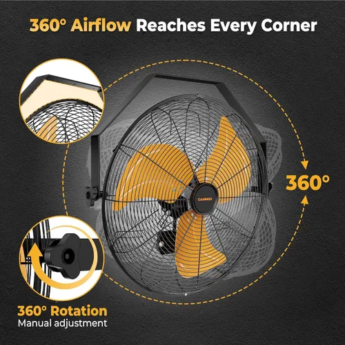 Vista 6 de CAMMOO Ventilador de montaje en pared de 18 pulgadas, cable de alimentación extendido de 6.6 pies, ajuste de inclinación de 360°, ventilador