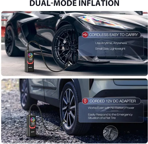 Vista 6 de NEXPOW NP17 Compresor de Aire Portátil, Inflador de Neumáticos Digital de 150 PSI, Inflado Rápido con Apagado Automático, Luz LED, Múltiples