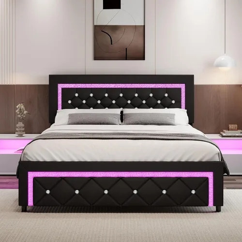 Vista 13 de BarnFurin Base de cama Queen con luces LED, plataforma tapizada con cabecera capitonada de diamante, no necesita somier, sin ruido, fácil montaje
