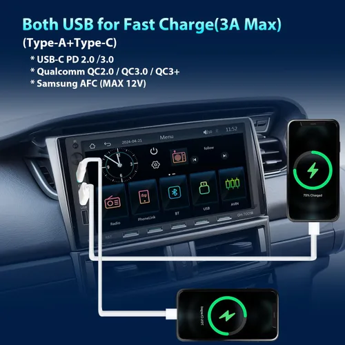 Vista 4 de Estéreo de auto doble DIN con pantalla táctil de 7 pulgadas, compatible con Apple CarPlay, Android, Bluetooth, radio AM/FM, USB, carga rápida 3A