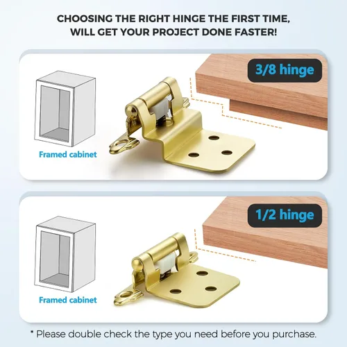 Vista 2 de Paquete de 2 (1 pares) de bisagras superpuestas para gabinete de cocina de 1/2 pulgada, bisagras de cierre automático de latón satinado para puertas