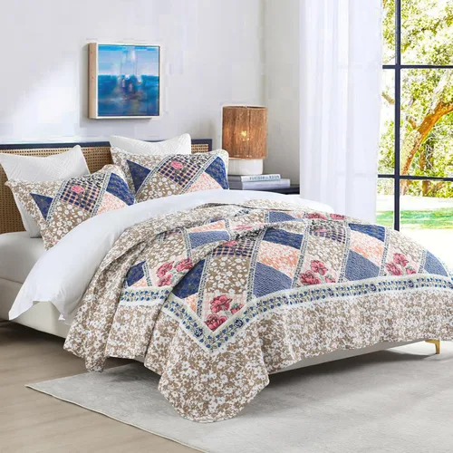 Vista 12 de Colcha tamaño Queen 100% algodón de 120 x 102 pulgadas, juego de edredón de gran tamaño, colcha extragrande de granja, patrón botánico a cuadros