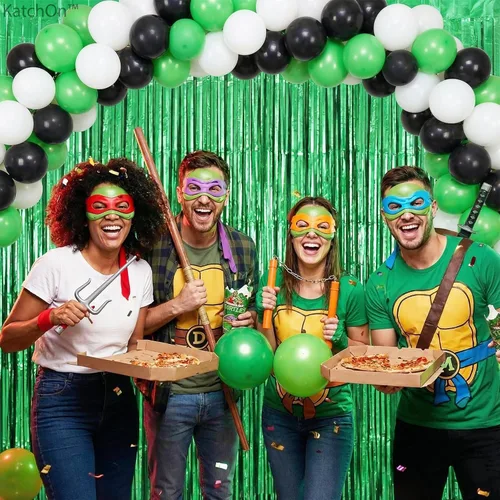 Vista 7 de KatchOn, Serpentinas verdes – 3.2 x 8 pies, paquete de 2 Telón de fondo verde para decoración de cumpleaños de dinosaurios Serpentinas de puerta