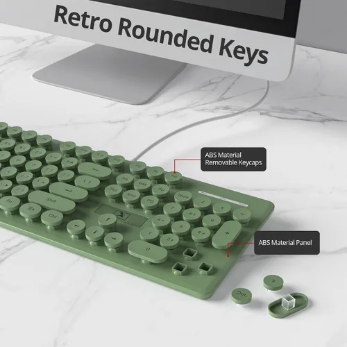 Vista 4 de surmen Bonito teclado silencioso con cable retro con cable, teclados suaves de tamaño completo con bloc de números, teclas redondas, USB Beige