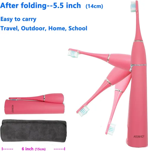 Vista 2 de Cepillo de dientes eléctrico sónico plegable rosa autolimpiante de viaje recargable portátil. 4 cabezales de cepillo. Bolsa de viaje.