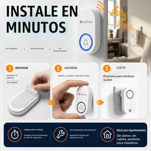 Vista 3 de Timbre inalámbrico autoalimentado sin necesidad de batería, timbre de puerta básico para el hogar