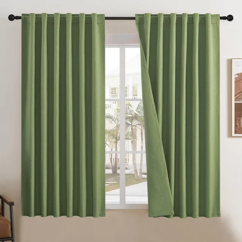 Vista 29 de DUALIFE - Cortinas de lino opacas beige de 54 pulgadas de largo, con pestaña trasera y bolsillo para cortinero, cortinas estrechas para dormitorio