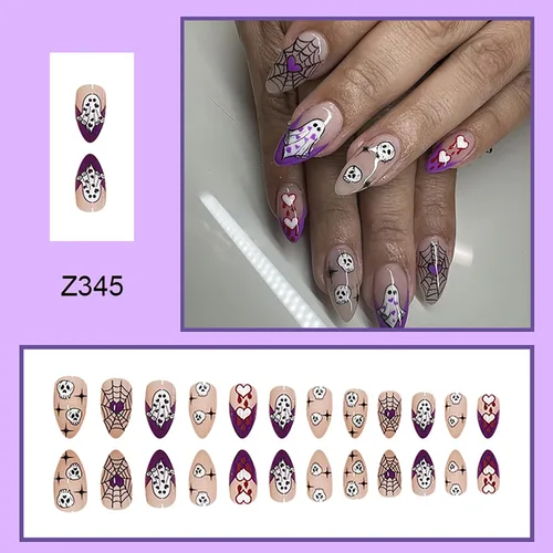 Vista 6 de 24 uñas postizas de Halloween a presión en forma de almendra, uñas postizas de cobertura completa con diseños de telaraña de calavera, uñas