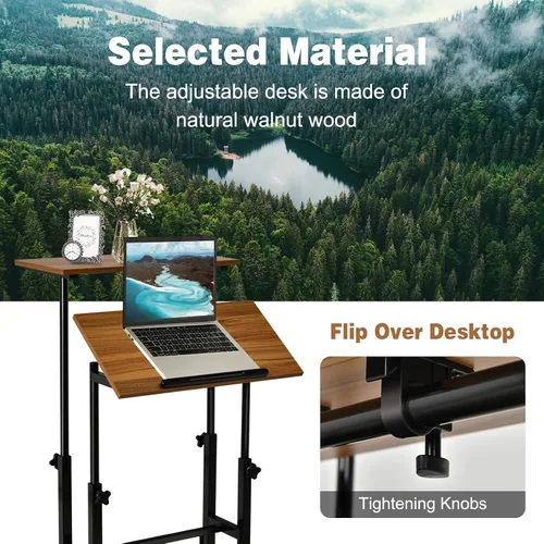 Vista 5 de COSTWAY Escritorio móvil de pie, carrito de computadora portátil con ruedas ajustable en altura con escritorio inclinable para estar de pie o Marrón