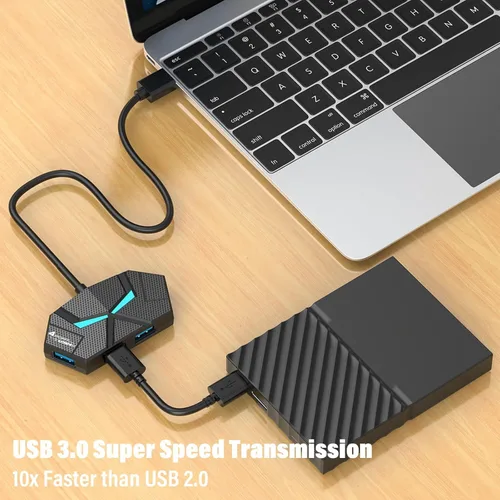 Vista 3 de Concentrador USB con 4 puertos de alimentación/datos, múltiples concentradores USB 3.0 USB 3.0, extensor divisor USB con luces, adaptador